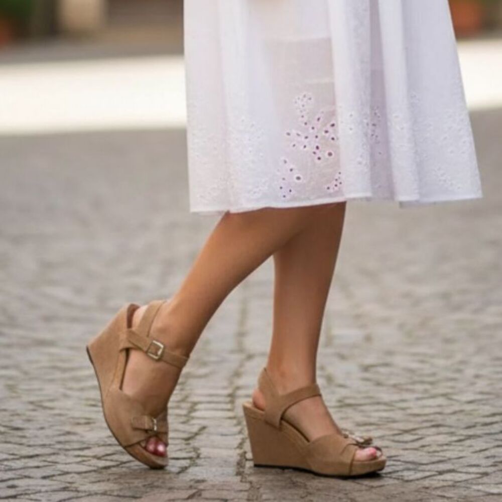 Taryn Rose Normcore Resortwear Takie Tan Suede Buckle Wedge